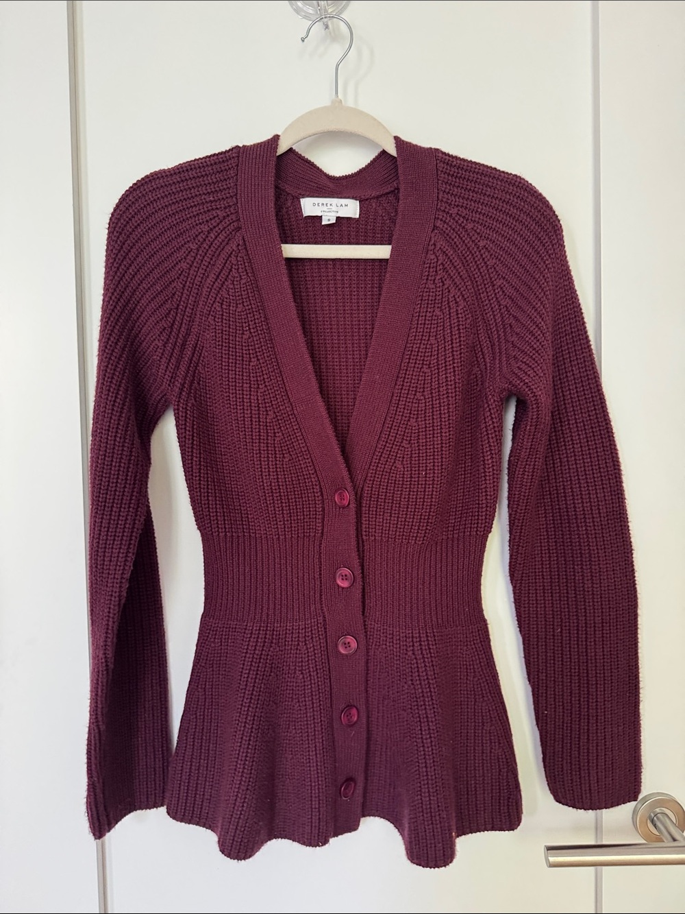Derek Lam Burgundy Button-Front Peplum Knit Cardigan